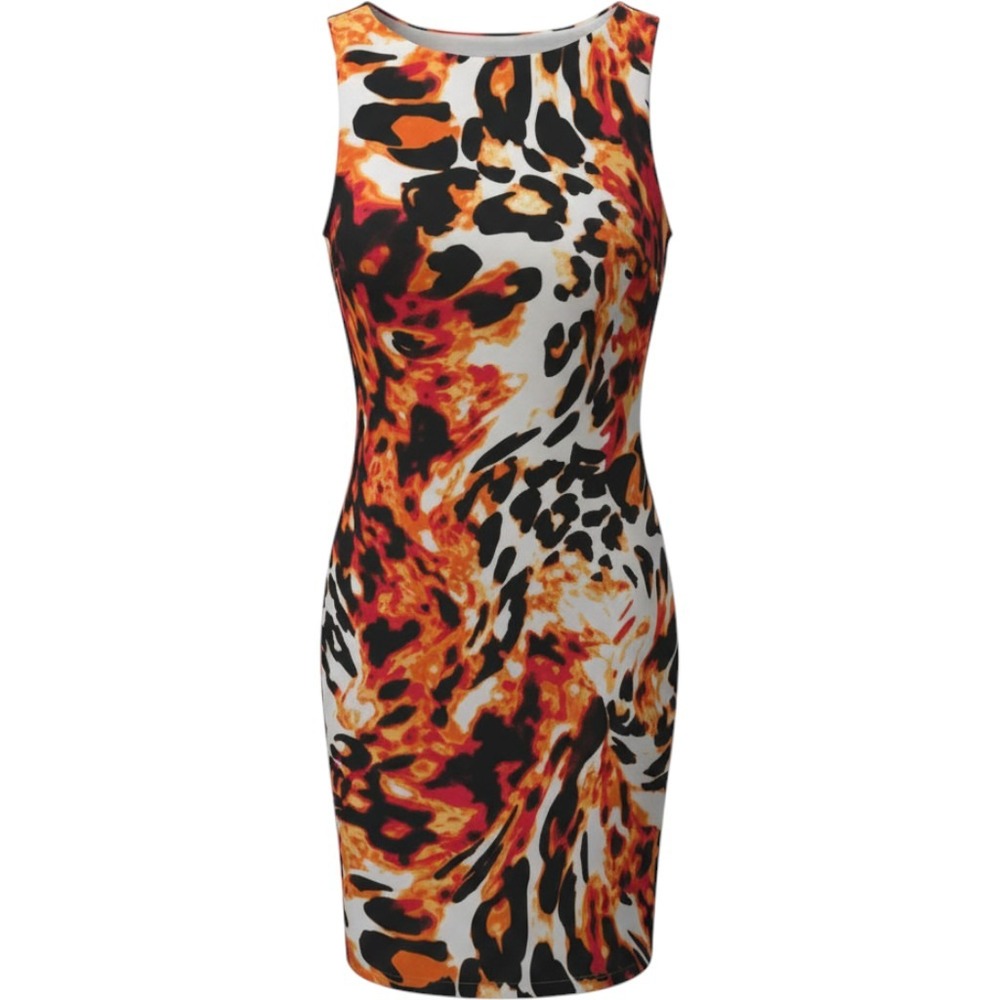 Cache Sheath Dress 8 Orange Red Black Leopard Flame Print Sleeveless